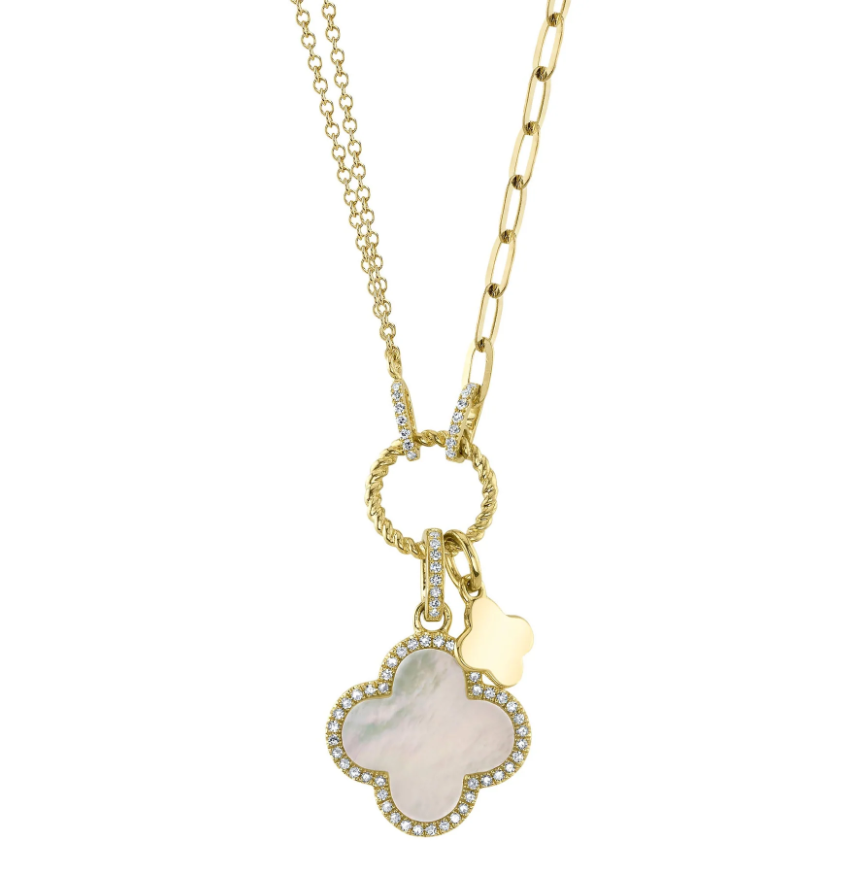 SHY CREATION 14K YELLOW GOLD HALO NECKLACE WITH ONE 1.36CT CLOVER MOTHER OF PEARL AND 66=0.17TW SINGLE CUT I I1 DIAMONDS 18