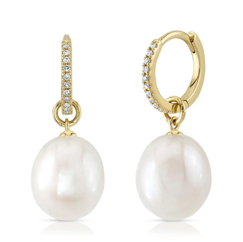 SHY CREATION 14K YELLOW GOLD HOOP DANGLE EARRING WITH 2= CULTURED PEARLS AND 22=0.06TW SINGLE CUT I I1 DIAMONDS   (4.07 GRAMS)