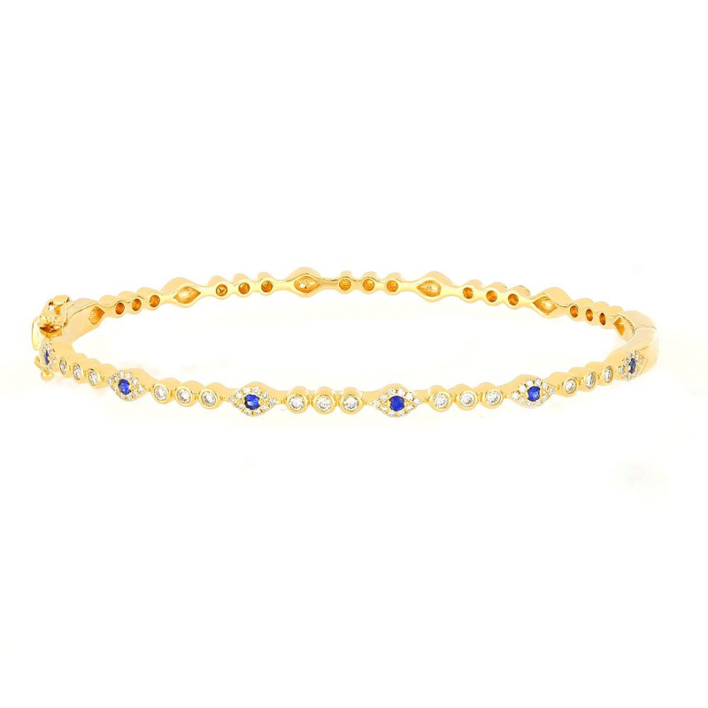 SHY CREATION 14K YELLOW GOLD BANGLE BRACELET WITH 6=0.10TW ROUND SAPPHIRES AND 75=0.33TW SINGLE CUT I I1 DIAMONDS