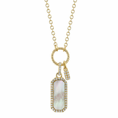 SHY CREATION 14K YELLOW GOLD HALO DIAMOND NECKLACE WITH ONE 0.75CT RECTANGULAR MOTHER OF PEARL AND 51=0.13TW SINGLE CUT I I1 DIAMONDS 18