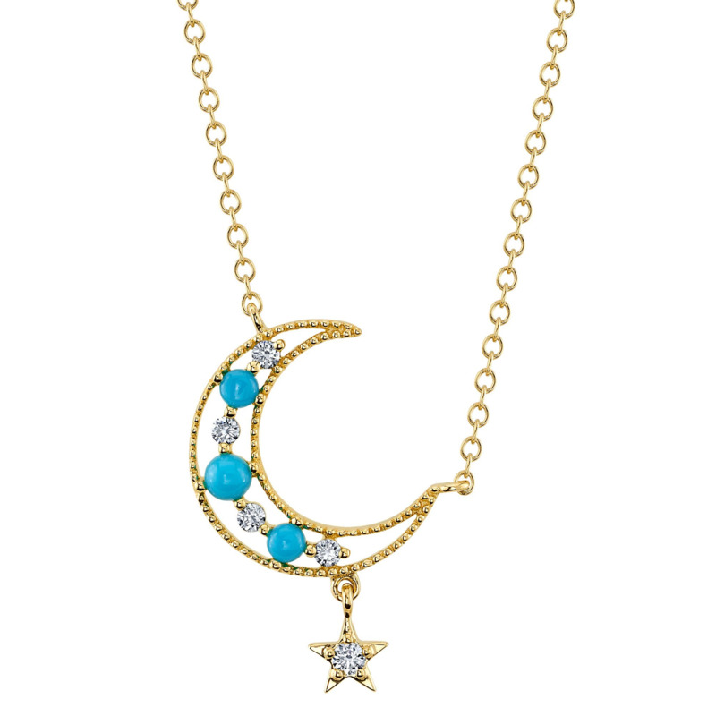 SHY CREATION 14K YELLOW GOLD CRESCENT MOON AND STAR NECKLACE WITH 3=0.15TW ROUND CABACHON COMPOSITE TURQUOISE AND 5=0.08TW ROUND I I1 DIAMONDS 18