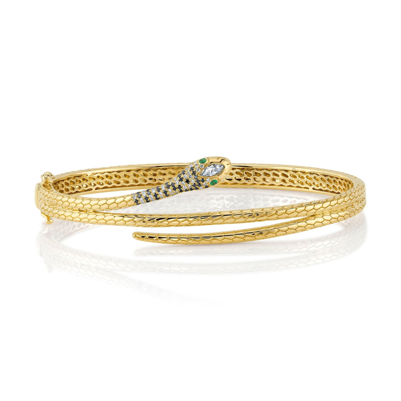 14K YELLOW GOLD BANGLE DIAMOND BRACELET ONE 0.11CT MARQUISE G-H SI1 DIAMOND  36=0.08TW SINGLE CUT H-I I1 DIAMONDS  35=0.09TW ROUND BLACK DIAMONDS  AND 2=0.03TW ROUND EMERALDS  (20.55 GRAMS)