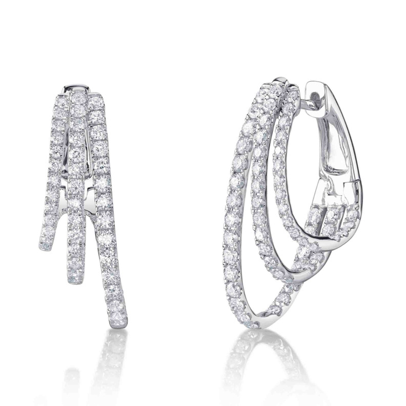 SHY CREATION 14K WHITE GOLD OVAL HOOP DIAMOND EARRINGS WITH 116=1.58TW ROUND G-H SI1 DIAMONDS   (5.68 GRAMS)