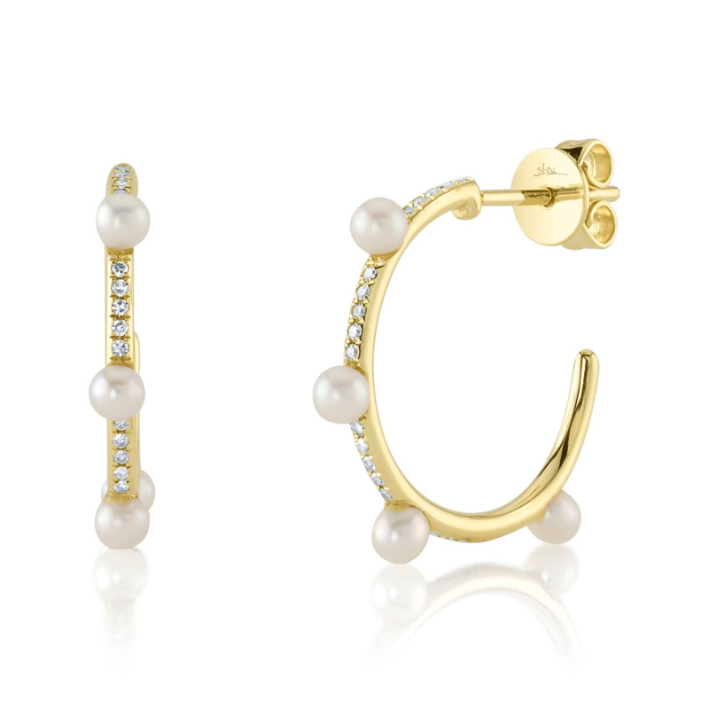 SHY CREATION 14K YELLOW GOLD HOOP EARRING WITH 8=2.50X3.00MM CULTURED WHITE PEARLS AND 18=0.09TW SINGLE CUT I I1 DIAMONDS  (2.01 GRAMS)