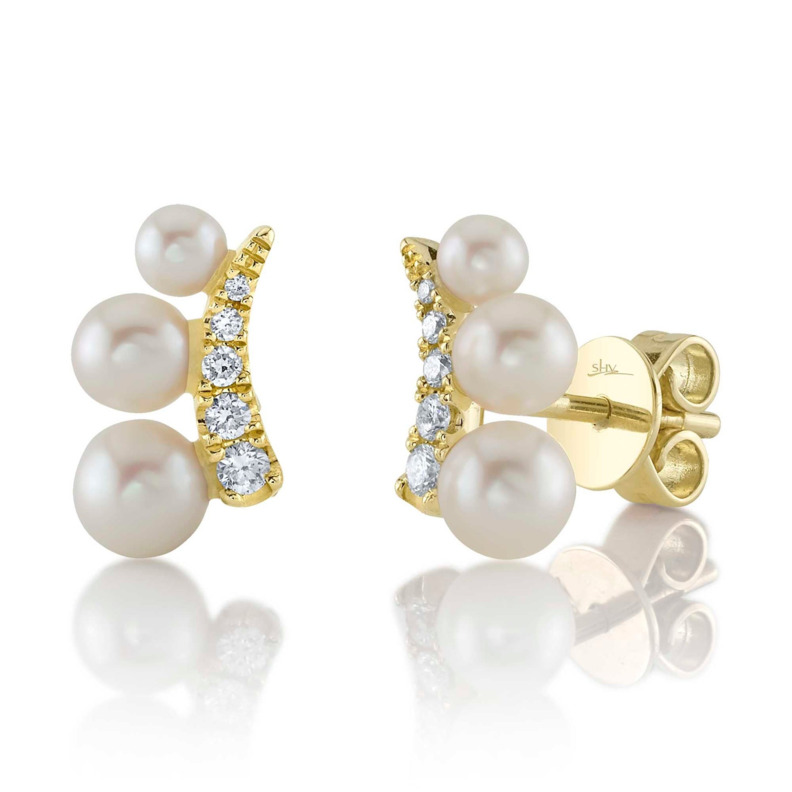 SHY CREATION 14K YELLOW GOLD STUD EARRING WITH 6=2.50-4.50MM CULTURED PEARLS AND 10=0.11TW ROUND G-H SI2 DIAMONDS  (1.69 GRAMS)