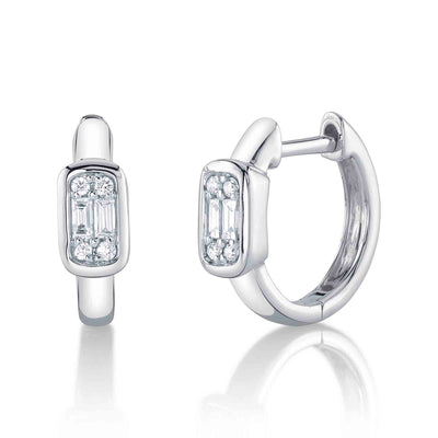 SHY CREATION 14K WHITE GOLD HUGGIE DIAMOND EARRINGS WITH 8=0.05TW ROUND G-H SI1 DIAMONDS AND 4=0.09TW BAGUETTE G-H SI1 DIAMONDS   (2.15 GRAMS)