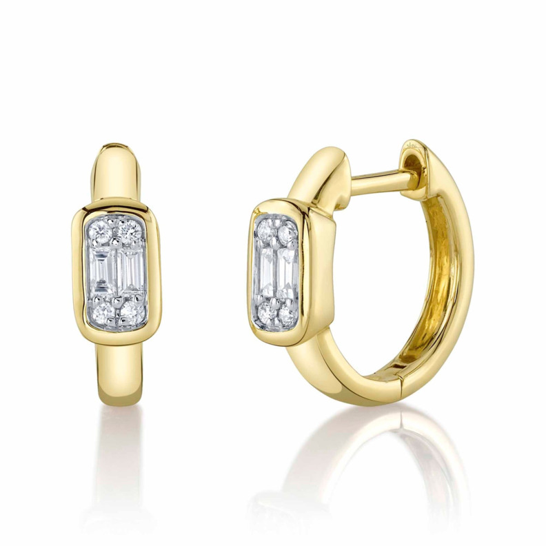 SHY CREATION 14K YELLOW GOLD HUGGIE DIAMOND EARRINGS WITH 8=0.05TW ROUND G-H SI1 DIAMONDS AND 4=0.09TW BAGUETTE G-H SI1 DIAMONDS   (2.07 GRAMS)