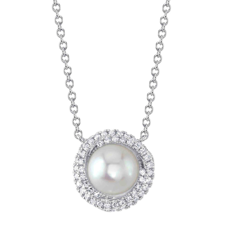 SHY CREATION 14K WHITE GOLD HALO PEARL NECKLACE WITH ONE 6.50MM CULTURED WHITE PEARL AND 51=0.13TW SINGLE CUT I I1 DIAMONDS 18