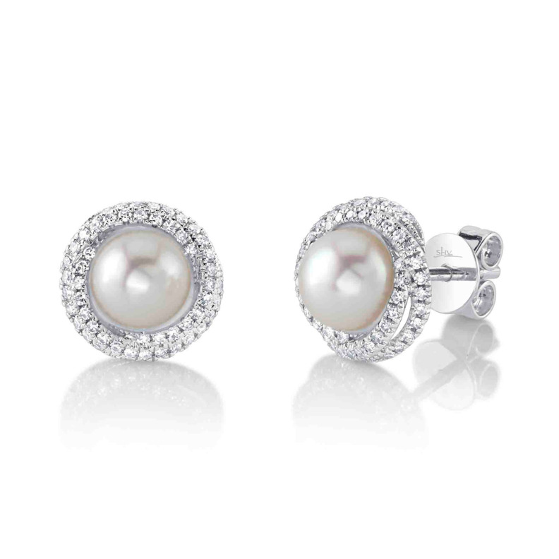 SHY CREATION 14K WHITE GOLD STUD EARRING WITH 2=6.50MM CULTURED WHITE PEARLS AND 102=0.26TW SINGLE CUT I I1 DIAMONDS  (2.80 GRAMS)