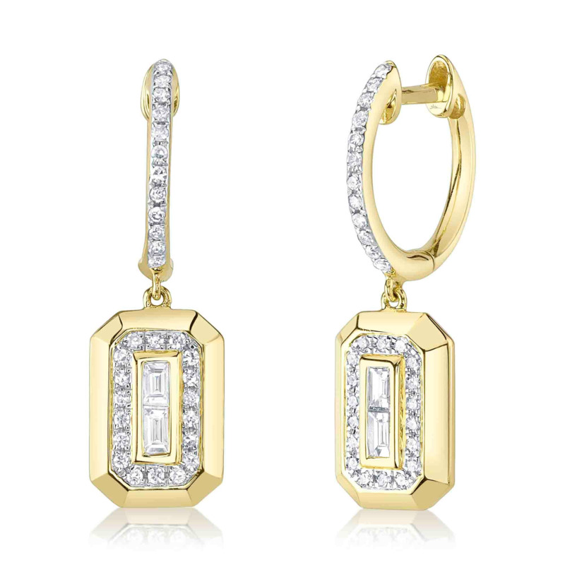 SHY CREATION 14K YELLOW GOLD DANGLE DIAMOND EARRINGS WITH 64=0.26TW VARIOUS SHAPES (4 BAGUETTES & 60 SINGLE CUTS) H-I SI2-I1 DIAMONDS   (2.84 GRAMS)