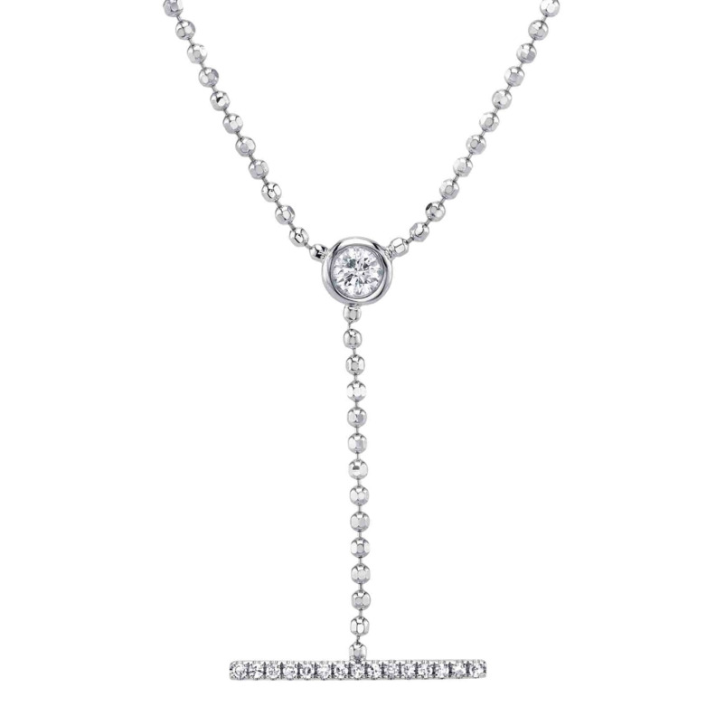 SHY CREATION 14K WHITE GOLD LARIAT DIAMOND NECKLACE WITH ONE 0.09CT ROUND G-H SI2 DIAMOND AND 15=0.04TW SINGLE CUT I I1 DIAMONDS 18