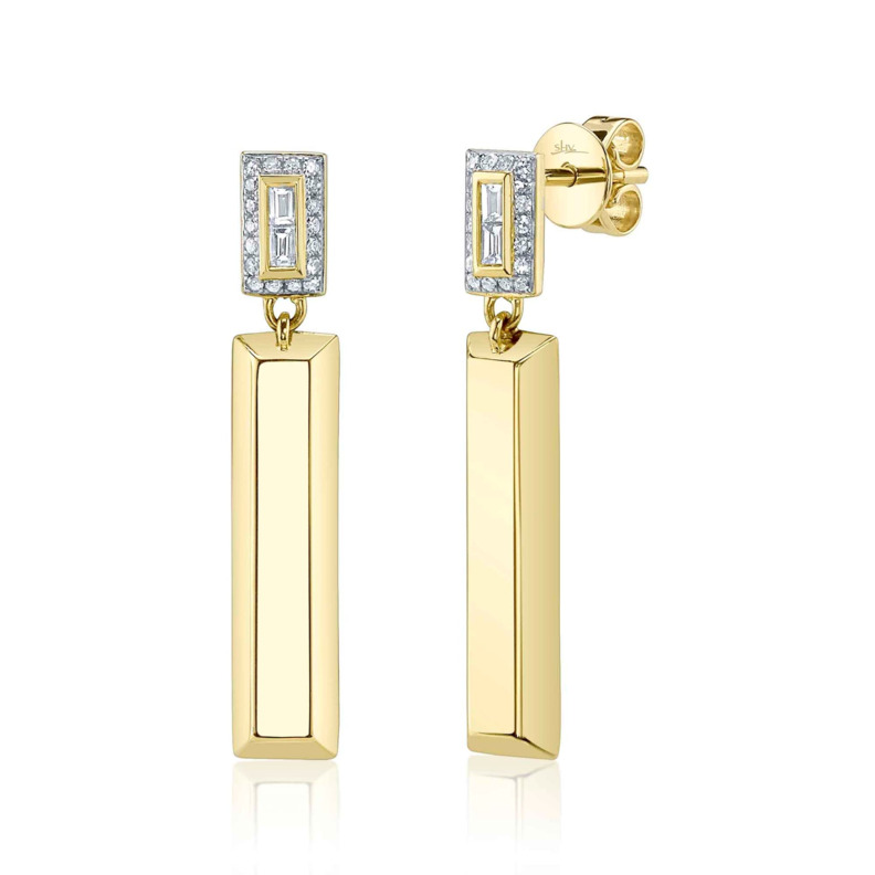 SHY CREATION 14K YELLOW GOLD DANGLE DIAMOND EARRINGS WITH 4=0.08TW BAGUETTE H SI-SI2 DIAMONDS AND 36=0.08TW SINGLE CUT I I1 DIAMONDS   (3.09 GRAMS)