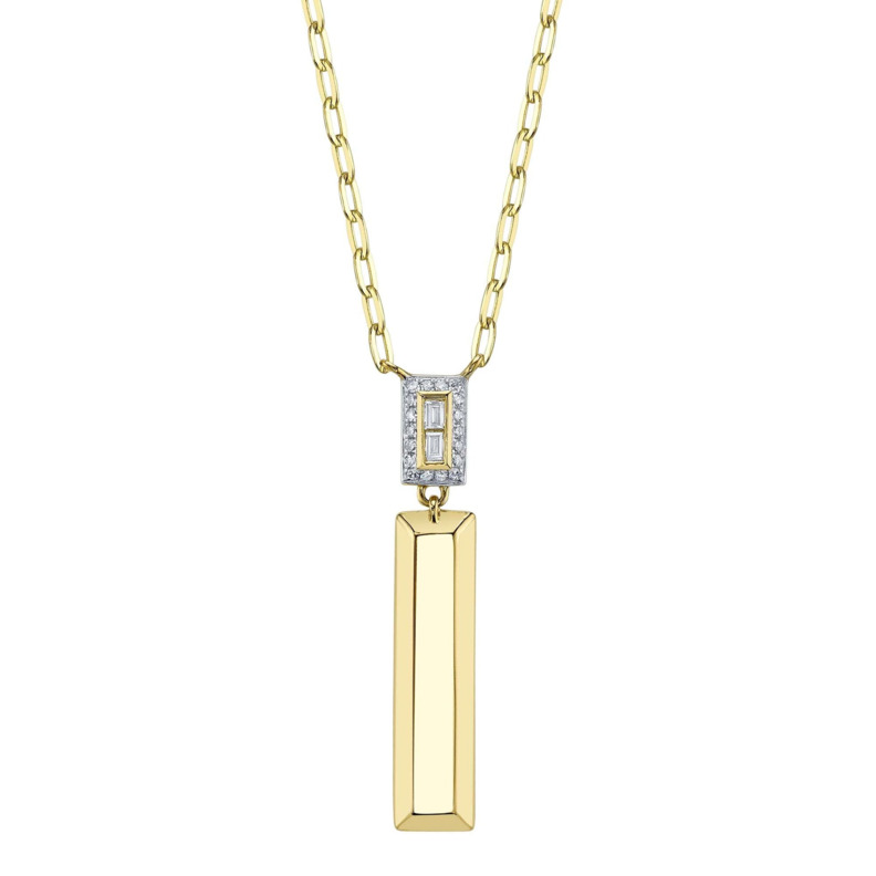 14K YELLOW GOLD BAR DIAMOND NECKLACE WITH 2=0.04TW BAGUETTE H SI1-SI2 DIAMONDS AND 18=0.04TW SINGLE CUT H-I I1 DIAMONDS 18