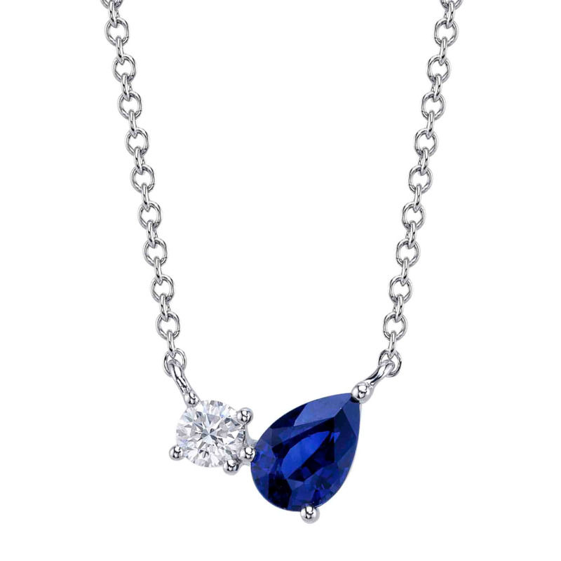 SHY CREATION 14K WHITE GOLD NECKLACE WITH ONE 0.56CT PEAR BLUE SAPPHIRE AND ONE 0.11CT ROUND G-H SI2 DIAMOND 18