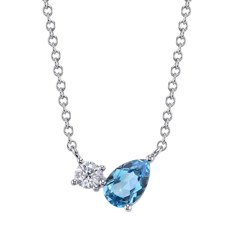 SHY CREATION 14K WHITE GOLD NECKLACE WITH ONE 0.54CT PEAR BLUE TOPAZ AND ONE 0.11CT ROUND G-H SI2 DIAMOND 18