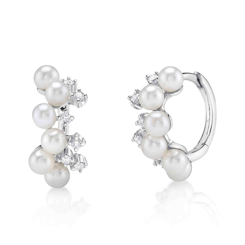 SHY CREATION 14K WHITE GOLD HUGGIE DIAMOND EARRINGS WITH 12 0.17TW ROUND G SI2 DIAMONDS AND 12=3.00-3.30MM CULTURED PEARLS   (2.40 GRAMS)