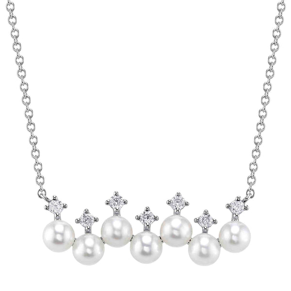 SHY CREATION 14K WHITE GOLD BAR NECKLACE WITH 7=3.50-4.00MM CULTURED PEARLS AND 7=0.16TW ROUND G-H SI1 DIAMONDS 18