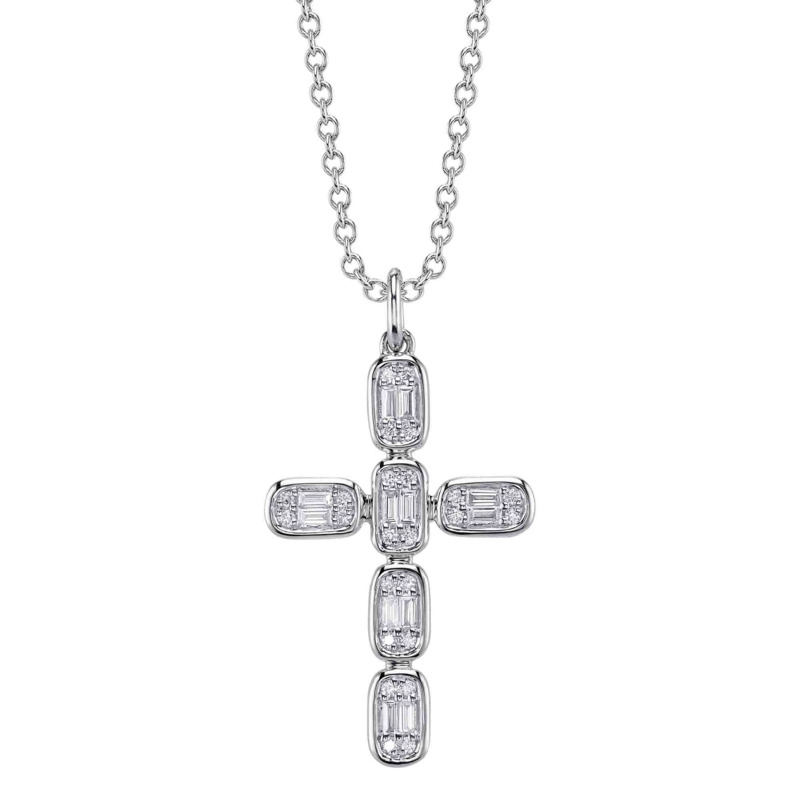 SHY CREATION 14K WHITE GOLD CROSS DIAMOND PENDANT WITH 36=0.30TW VARIOUS SHAPES (24 ROUNDS & 12 BAGUETTES) G-H SI1-SI2 DIAMONDS 18