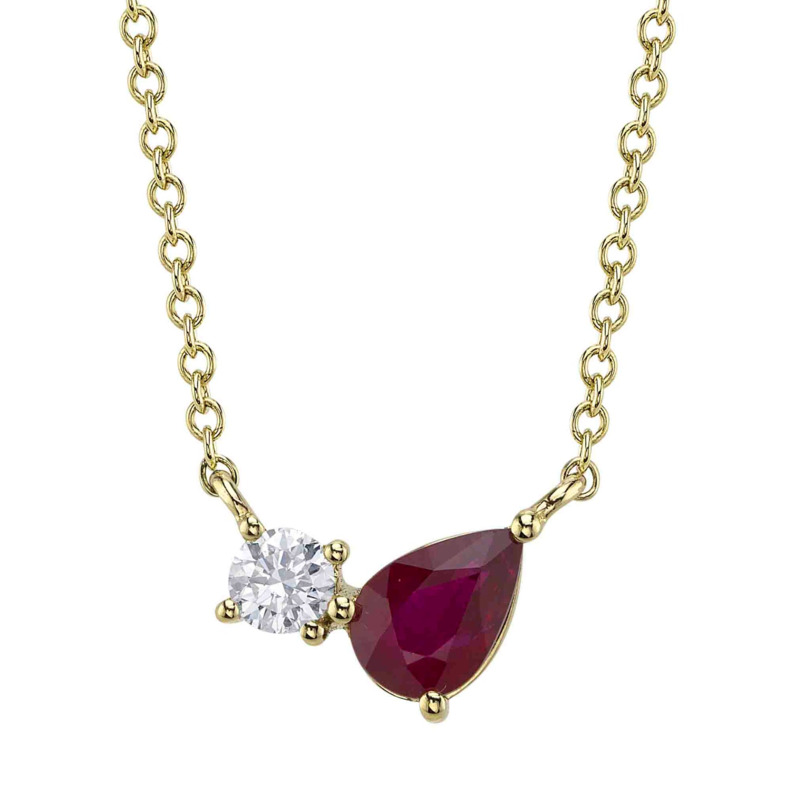 SHY CREATION 14K YELLOW GOLD NECKLACE WITH ONE 0.47CT PEAR RUBY AND ONE 0.11CT ROUND G-H SI2 DIAMOND 18