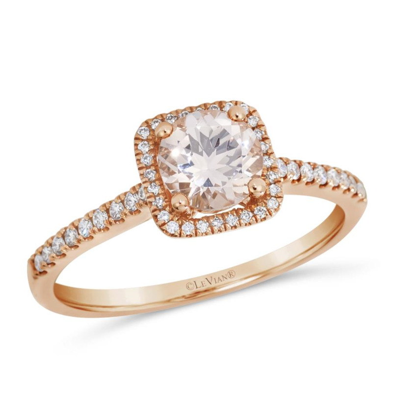 LE VIAN 14K STRAWBERRY GOLD HALO RING SIZE 7 WITH ONE = 0.57CT ROUND PEACH MORGANITE AND 46 = 0.16TW ROUND G-H VS2-SI1 VANILLA DIAMONDS   (2.52 GRAMS)