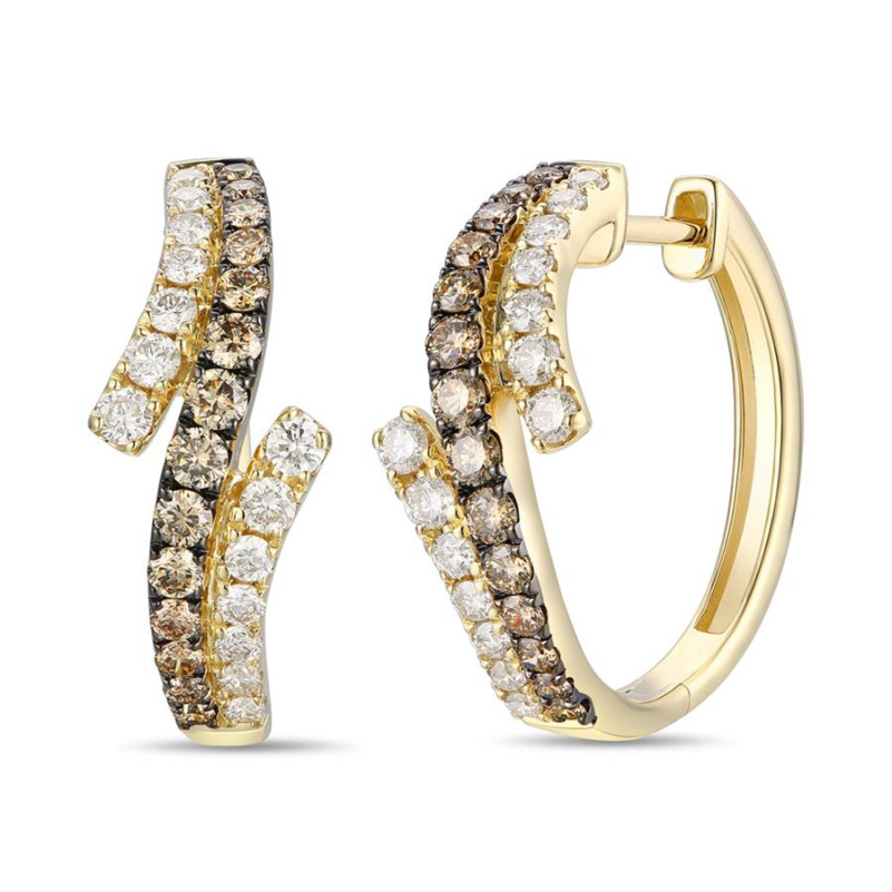 LE VIAN 14K HONEY GOLD HOOP DIAMOND EARRINGS WITH 28 = 0.61TW ROUND CHOCOLATE SI1 DIAMONDS AND 28 = 0.61TW ROUND VS2-SI1 NUDE DIAMONDS  (5.07 GRAMS)