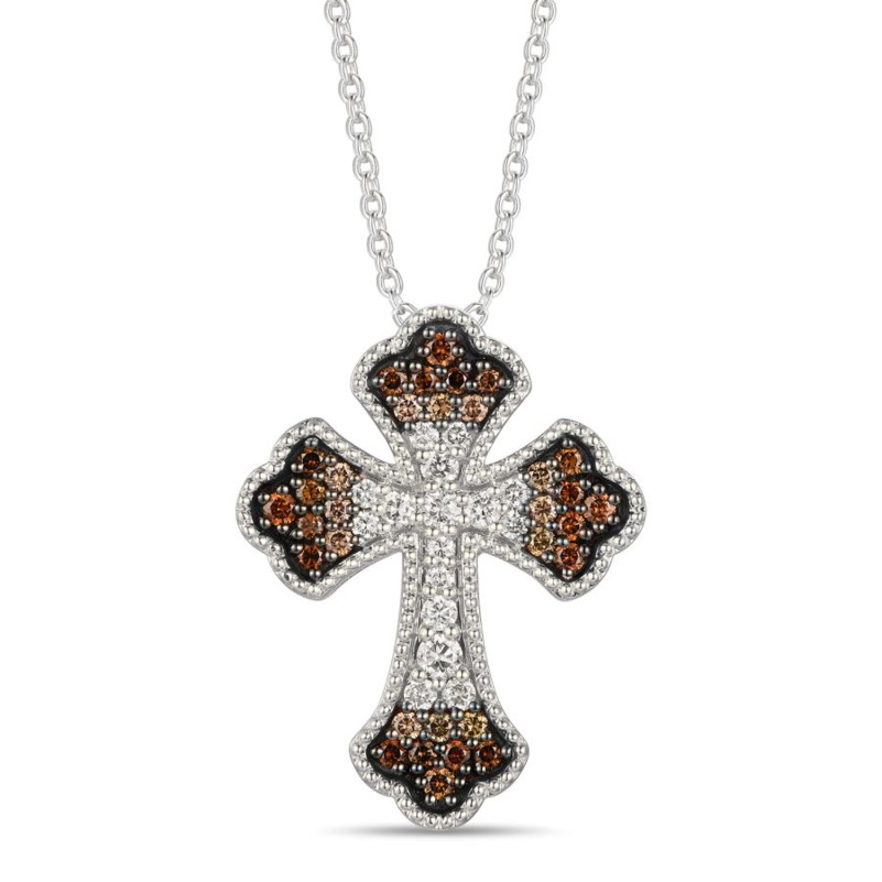 LE VIAN OMBRE' COLLECTION 14K VANILLA GOLD MILGRAIN CROSS DIAMOND PENDANT WITH 48 = 0.55TW ROUND CHOCOLATE OMBRE' SI1 DIAMONDS 20