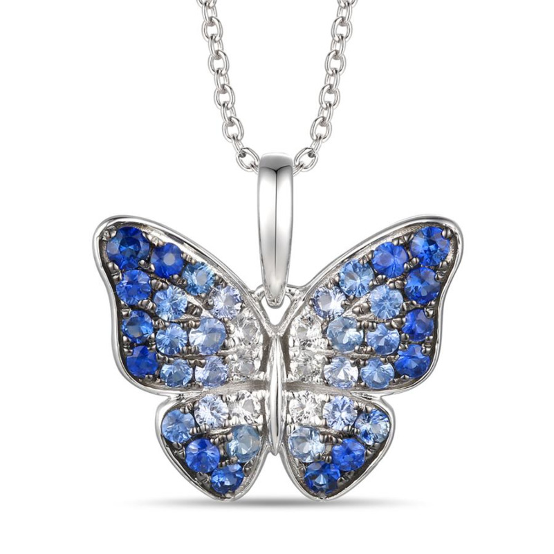 LE VIAN OMBRE' COLLECTION 14K VANILLA GOLD BUTTERFLY PENDANT WITH 34 = 0.82TW ROUND DENIM OMBRE' SAPPHIRES AND 6 = 0.14TW ROUND VANILLA SAPPHIRES 20