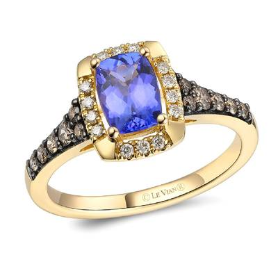 LE VIAN 14K HONEY GOLD HALO RING SIZE 7 ONE = 0.85CT CUSHION BLUEBERRY TANZANITE  12 = 0.17TW ROUND CHOCOLATE SI1 DIAMONDS  AND 14 = 0.10TW ROUND VS2-SI1 NUDE DIAMONDS   (3.53 GRAMS)