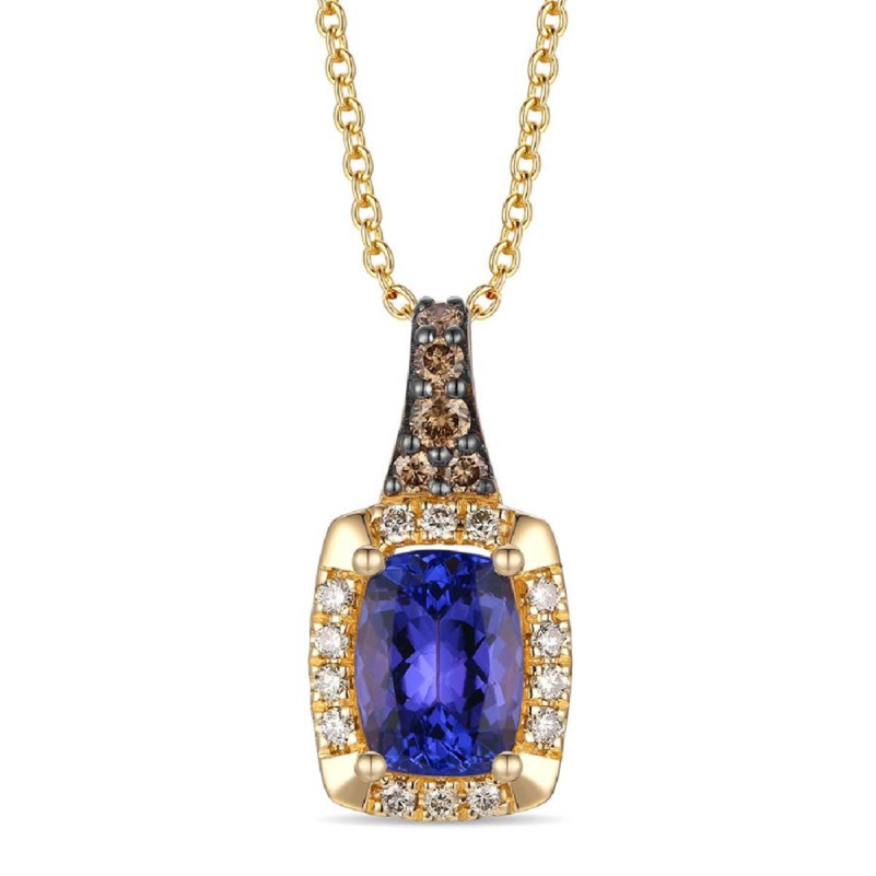 LE VIAN 14K HONEY GOLD HALO PENDANT ONE = 0.85CT CUSHION BLUEBERRY TANZANITE  14 = 0.10TW ROUND VS2-SI1 NUDE DIAMONDS  AND 4 = 0.09TW ROUND CHOCOLATE SI1 DIAMONDS 20