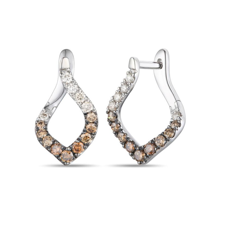 LE VIAN OMBRE' COLLECTION 14K VANILLA GOLD HOOP DIAMOND EARRINGS WITH 28 = 0.54TW ROUND CHOCOLATE OMBRE' SI1 DIAMONDS  (1.98 GRAMS)