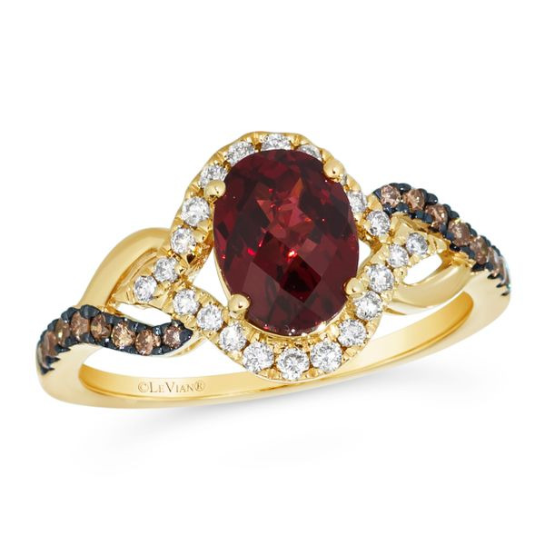 LE VIAN 14K YELLOW GOLD HALO RING SIZE 7 ONE = 1.50CT OVAL POMEGRANATE GARNET  22 = 0.19TW ROUND VS2-SI1 NUDE DIAMONDS  AND 16 = 0.15TW ROUND CHOCOLATE SI1 DIAMONDS  (3.39 GRAMS)