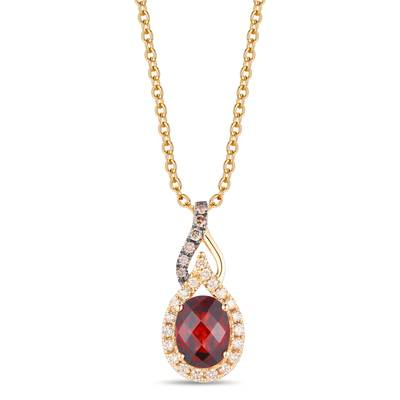 LE VIAN 14K HONEY GOLD HALO PENDANT ONE = 1.50CT OVAL POMEGRANATE GARNET  20 = 0.20TW ROUND VS2-SI1 NUDE DIAMONDS  AND 6 = 0.06TW ROUND CHOCOLATE SI1 DIAMONDS 20