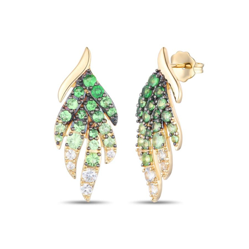 LE VIAN OMBRE' COLLECTION 14K HONEY GOLD FEATHER EARRINGS WITH 38 = 1.31TW ROUND SHADES OF TSAVORITE GARNETS AND 10 = 0.42TW ROUND WHITE SAPPHIRES   (5.02 GRAMS)