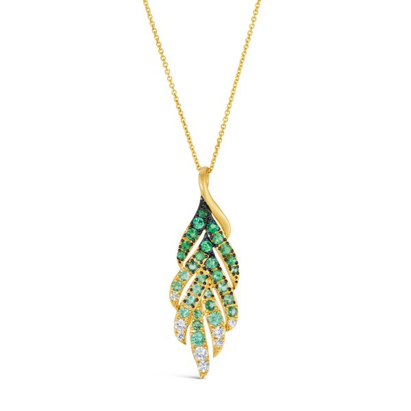 LE VIAN OMBRE' COLLECTION 14K HONEY GOLD FEATHER PENDANT WITH 30 = 1.09TW ROUND SHADE OF TSAVORITE GARNETS AND 8 = 0.27TW ROUND WHITE SAPPHIRES 20