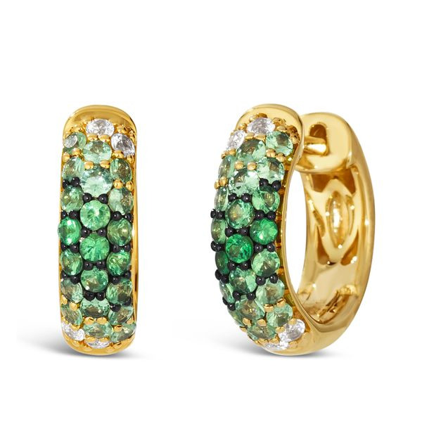 LE VIAN OMBRE' COLLECTION 14K HONEY GOLD HUGGIE EARRINGS WITH 42 = 0.82TW ROUND SHADE OF TSAVORITE GARNETS AND 8 = 0.18TW ROUND WHITE SAPPHIRES  (4.87 GRAMS)