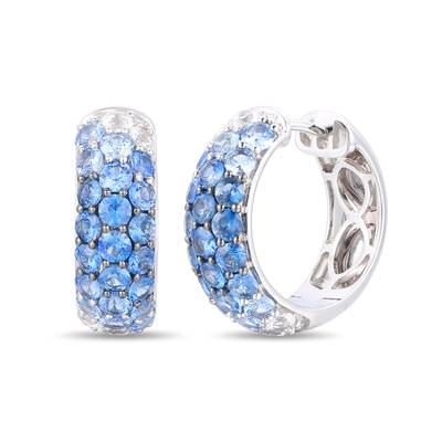 LE VIAN OMBRE' COLLECTION 14K VANILLA GOLD HOOP EARRINGS WITH 42=2.40TW ROUND DENIM OMBRE' SAPPHIRES AND 8=0.50TW ROUND VANILLA SAPPHIRES  (7.01 GRAMS)