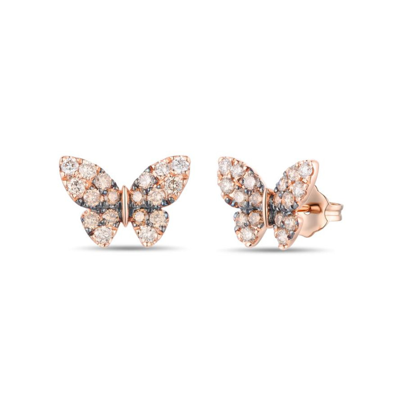 LE VIAN OMBRE' COLLECTION 14K STRAWBERRY GOLD BUTTERFLY STUD DIAMOND EARRINGS WITH 32 = 0.65TW ROUND CHOCOLATE OMBRE' SI1 DIAMONDS AND 4 = 0.06TW ROUND H-I SI2-SI3 VANILLA DIAMONDS   (1.58 GRAMS)