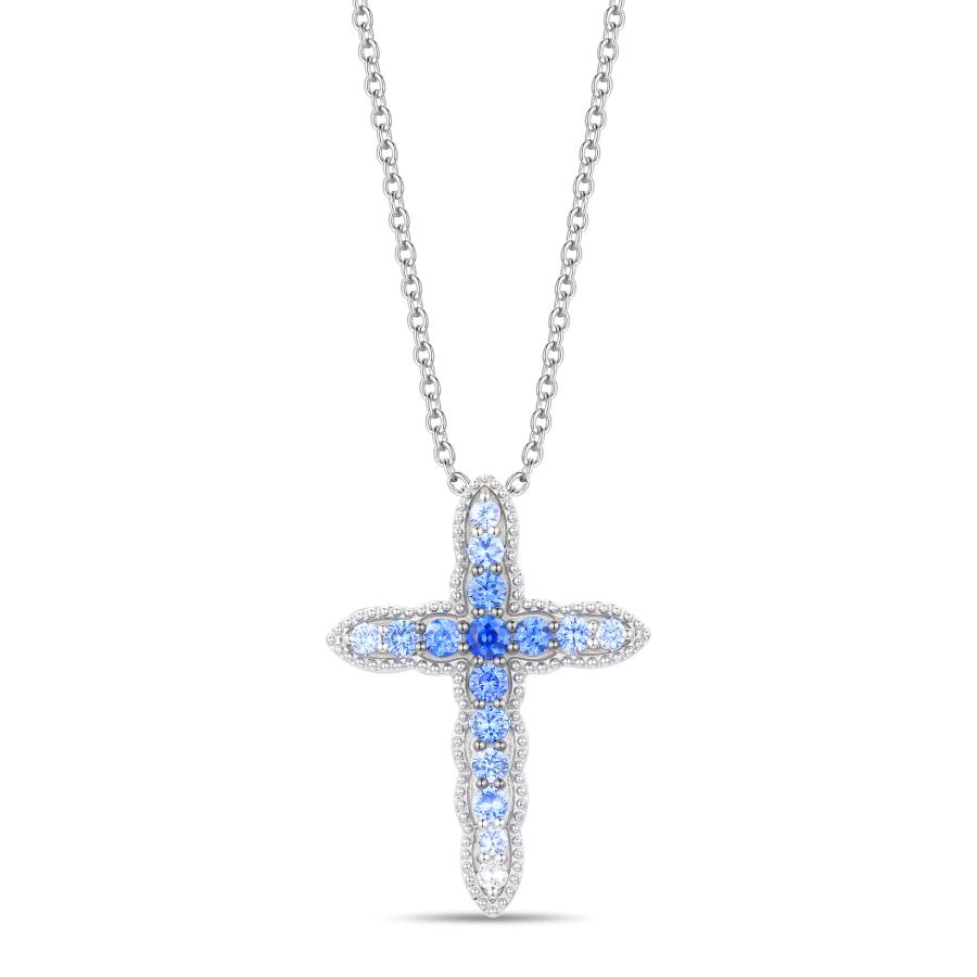 LE VIAN OMBRE' COLLECTION 14K VANILLA GOLD MILGRAIN CROSS PENDANT WITH 15 = 1.01TW ROUND DENIM OMBRE' SAPPHIRES AND ONE = 0.05CT ROUND VANILLA SAPPHIRE 20