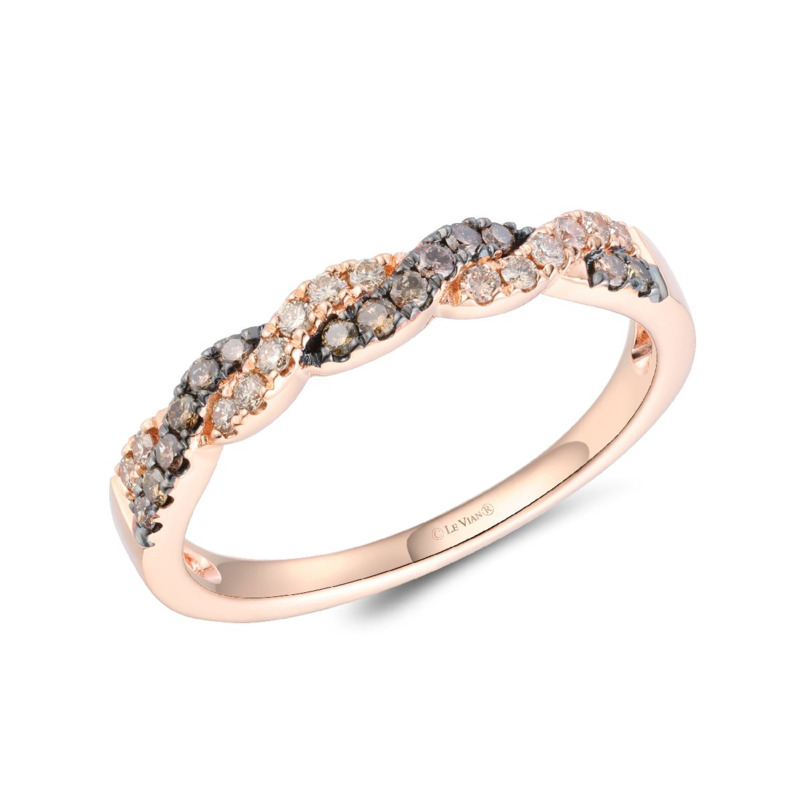 LE VIAN 14K STRAWBERRY GOLD TWIST DIAMOND FASHION RING SIZE 7 WITH 14 = 0.13TW ROUND CHOCOLATE SI1 DIAMONDS AND 14 = 0.13TW ROUND VS2-SI1 NUDE DIAMONDS   (2.26 GRAMS)