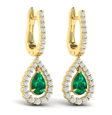 14K YELLOW GOLD DROP EARRINGS WITH 2=0.60TW PEAR EMERALDS AND 52=0.57TW ROUND F-G VS2-SI1 DIAMONDS   (3.84 GRAMS)