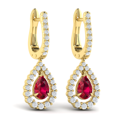 14K YELLOW GOLD DROP EARRINGS WITH 2=0.96TW PEAR RUBYS AND 52=0.58TW ROUND F-G VS2-SI1 DIAMONDS   (3.83 GRAMS)