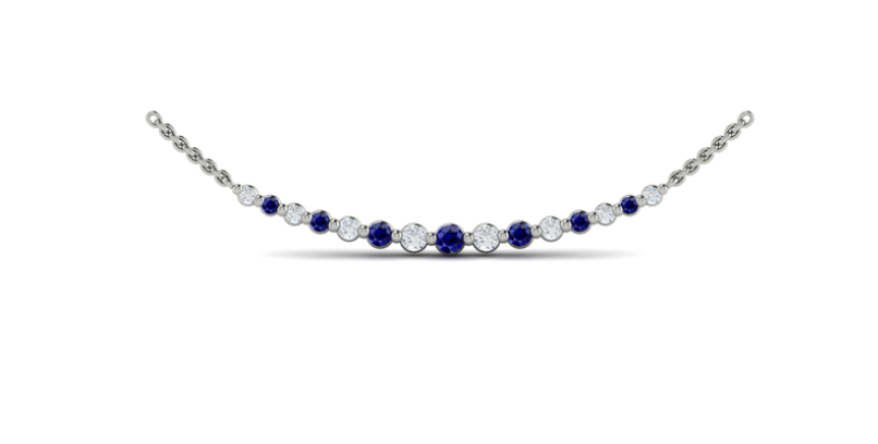 14K WHITE GOLD CURVED BAR NECKLACE WITH 7=0.30TW ROUND BLUE SAPPHIRES AND 8=0.26TW ROUND F-G VS2-SI1 DIAMONDS 18