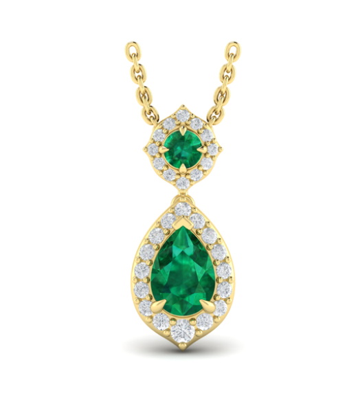 14K YELLOW GOLD HALO PENDANT WITH 2=0.63TW VARIOUS SHAPES (1 PEAR & 1 ROUND) EMERALDS AND 28=0.25TW ROUND F-G VS2-SI1 DIAMONDS 18