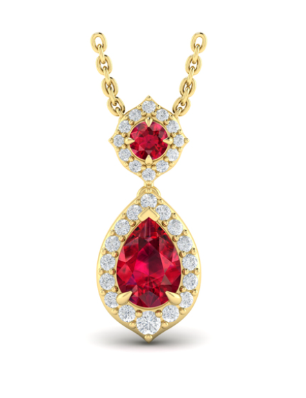 14K YELLOW GOLD HALO PENDANT WITH 2=0.84TW VARIOUS SHAPES (1 PEAR & 1 ROUND) RUBIES AND 28=0.24TW ROUND F-G VS2-SI1 DIAMONDS 18