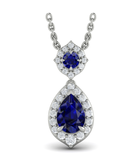 14K WHITE GOLD HALO PENDANT WITH 2=0.98TW VARIOUS SHAPES (1 PEAR & 1 ROUND) BLUE SAPPHIRES AND 28=0.25TW ROUND F-G VS2-SI1 DIAMONDS 18