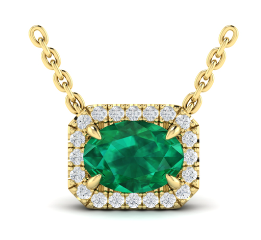 14K YELLOW GOLD HALO PENDANT WITH ONE 0.70CT OVAL EMERALD AND 20=0.12TW ROUND F-G VS2-SI1 DIAMONDS 18