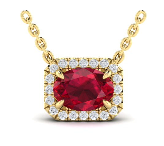 14K YELLOW GOLD HALO PENDANT WITH ONE 1.04CT OVAL RUBY AND 20 0.12TW ROUND F-G VS2-SI1 DIAMONDS 18