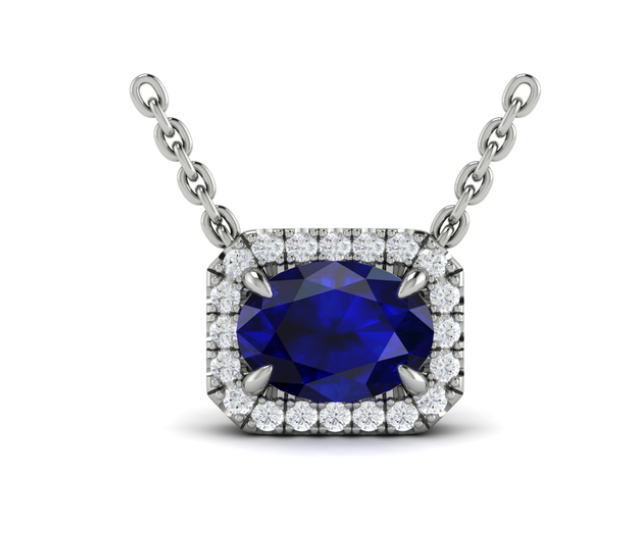 14K WHITE GOLD HALO PENDANT WITH ONE 0.76CT OVAL BLUE SAPPHIRE AND 20=0.12TW ROUND F-G VS2-SI1 DIAMONDS 18