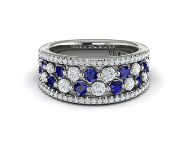 14K WHITE GOLD SHARED PRONG RING SIZE 6.5 WITH 11=0.67TW ROUND BLUE SAPPHIRES AND 69=0.77TW ROUND F-G VS2-SI1 DIAMONDS   (6.91 GRAMS)