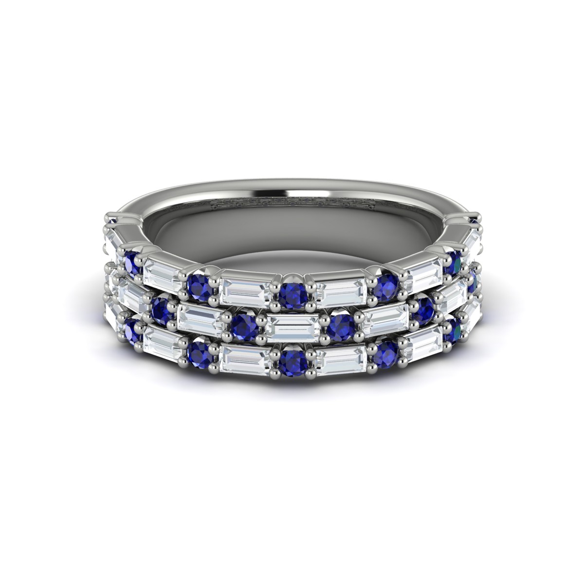 14K WHITE GOLD RING SIZE 6.5 WITH 20=0.48TW ROUND BLUE SAPPHIRES AND 19=0.88TW BAGUETTE F-G VS2-SI1 DIAMONDS   (6.03 GRAMS)